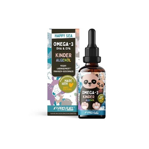 Braune Glasflasche mit Tropfer und Karton. Aufschrift: OMEGA-3 Kinder Algenöl. Vegan, Laborgeprüft. Mit Panda-Illustration.