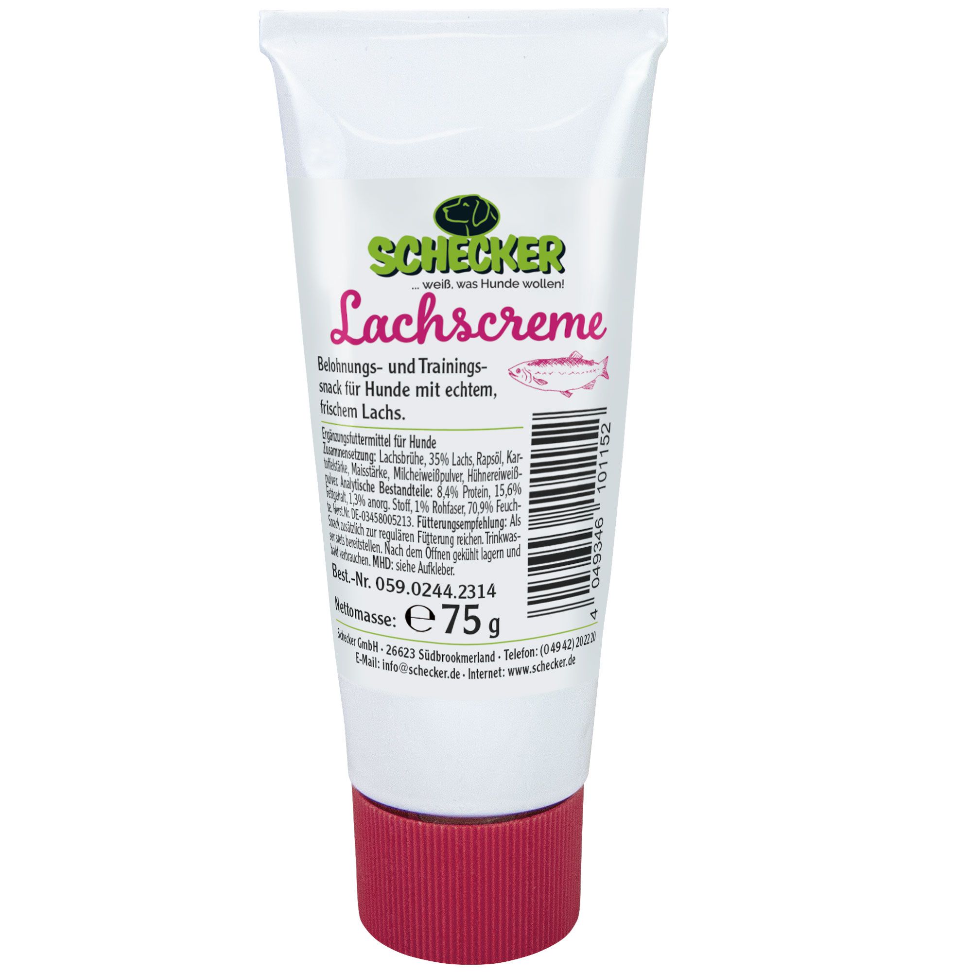 Eine Tube Lachscreme. Weiße Tube mit rotem Verschluss. Text: Schecker, Lachscreme, 75g. Abgebildet ist ein Fisch.