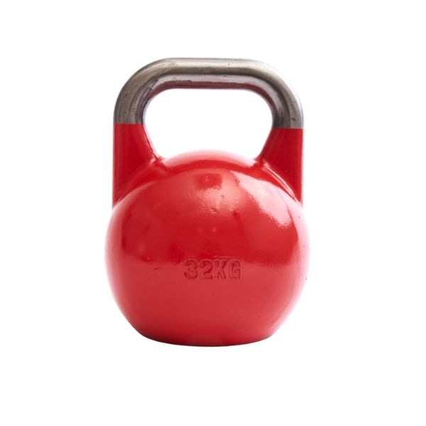 Rote Kettlebell mit silbernem Griff. Aufschrift: 32KG.