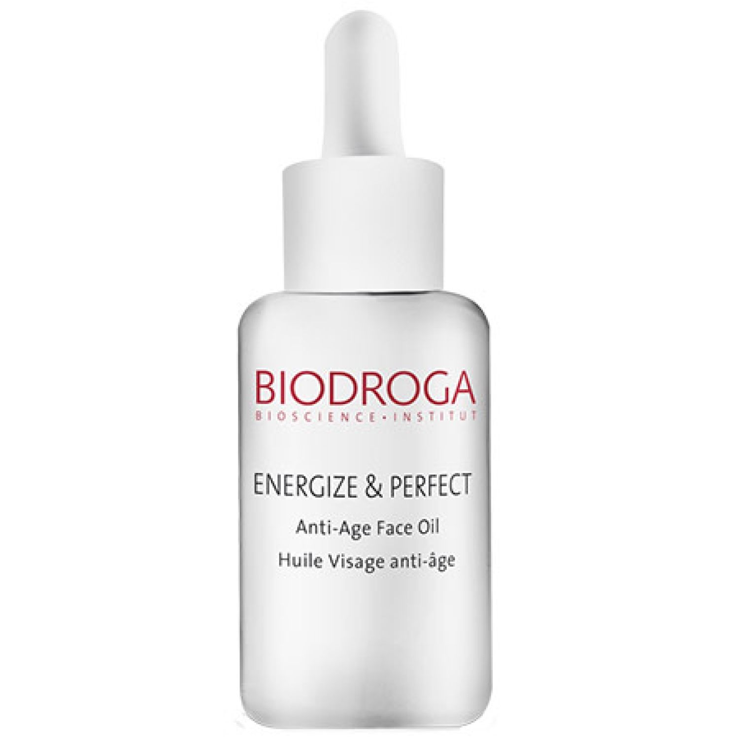 Weißes Fläschchen mit Pipette. Aufschrift: BIODROGA, ENERGIZE & PERFECT, Anti-Age Face Oil, Huile Visage anti-âge.