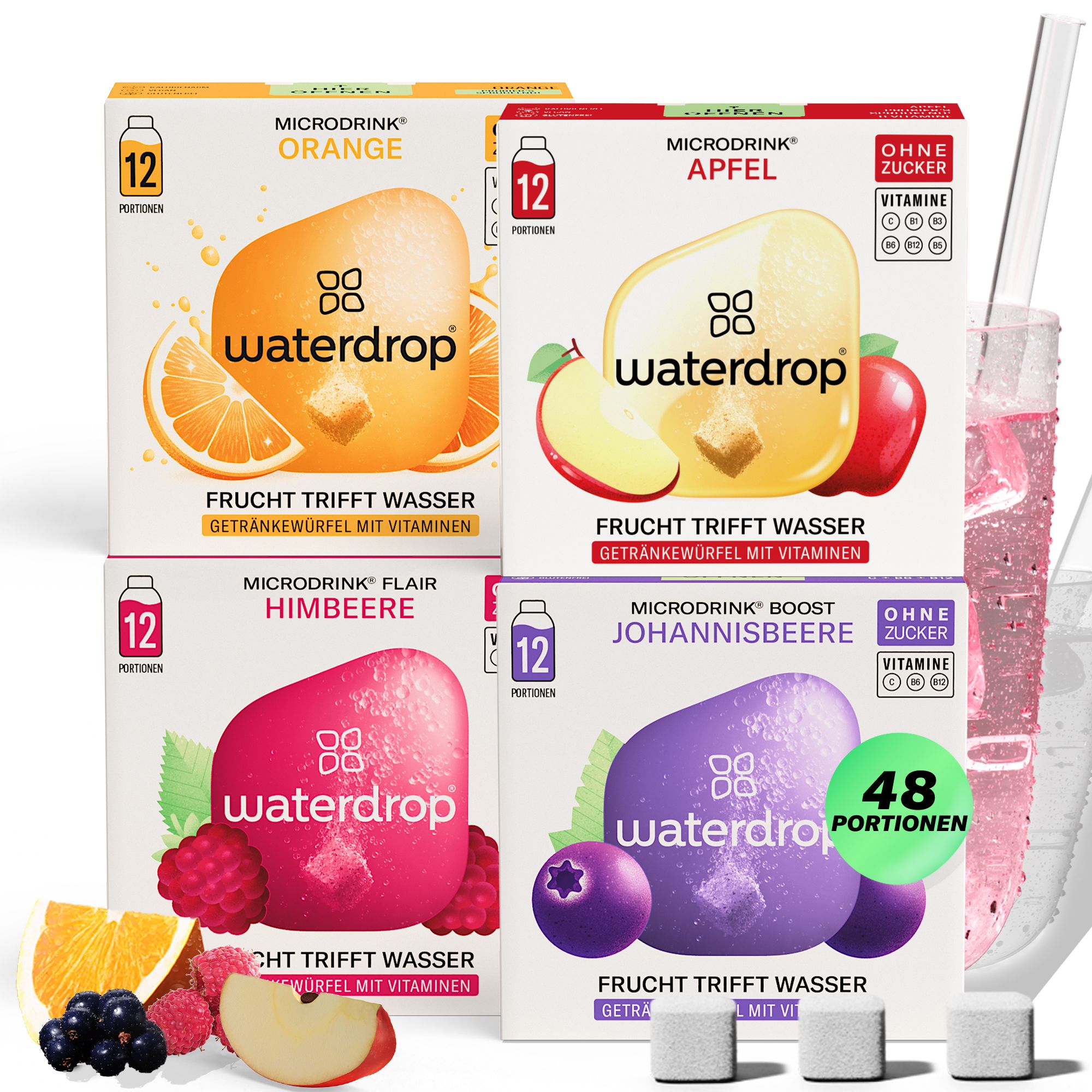 Vier Schachteln waterdrop® Microdrink. Orange, Apfel, Himbeere und Johannisbeere. 48 Portionen. Ohne Zucker, mit Vitaminen.