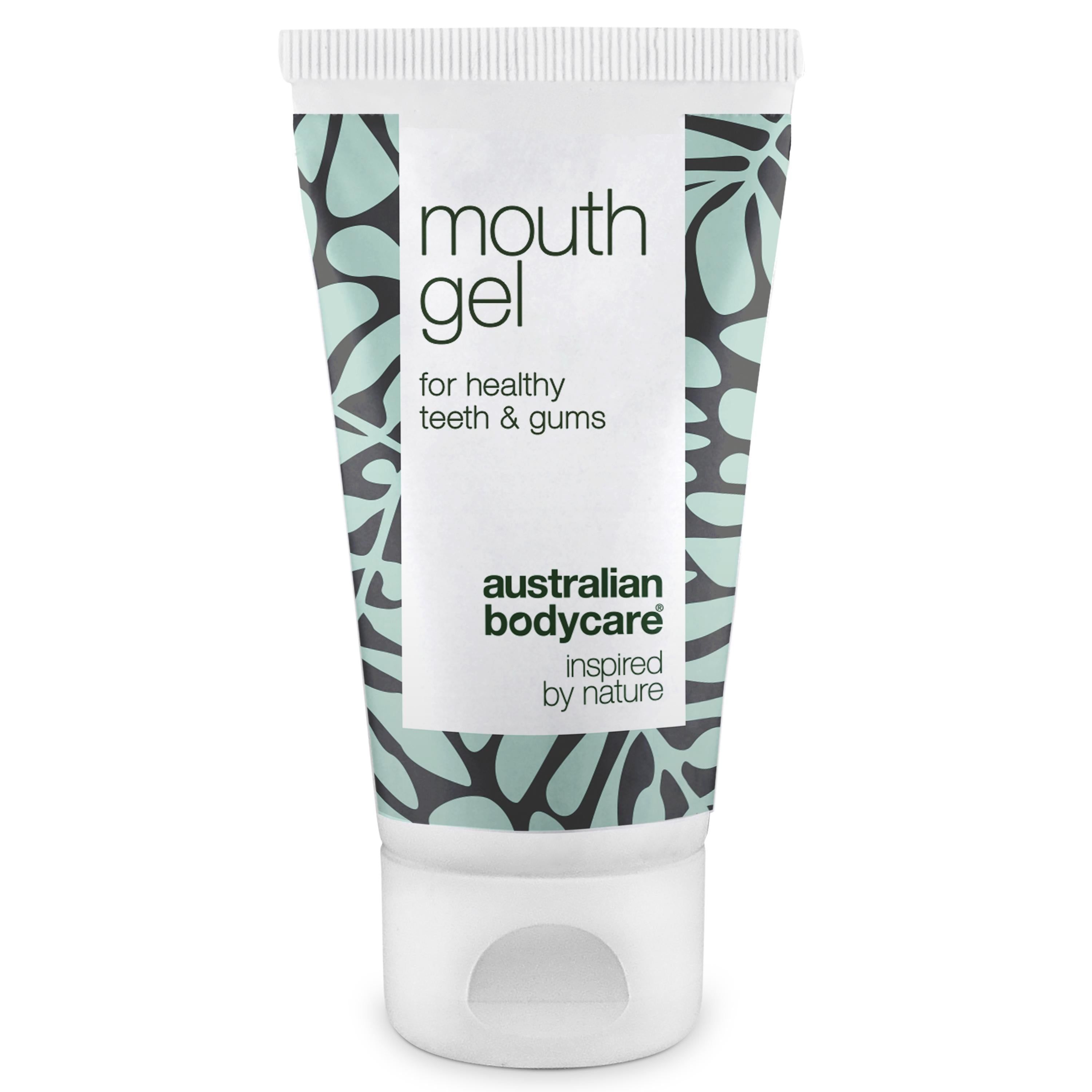 Mundgel-Tube mit floralem Muster. Text: mouth gel, for healthy teeth & gums, Australian Bodycare.