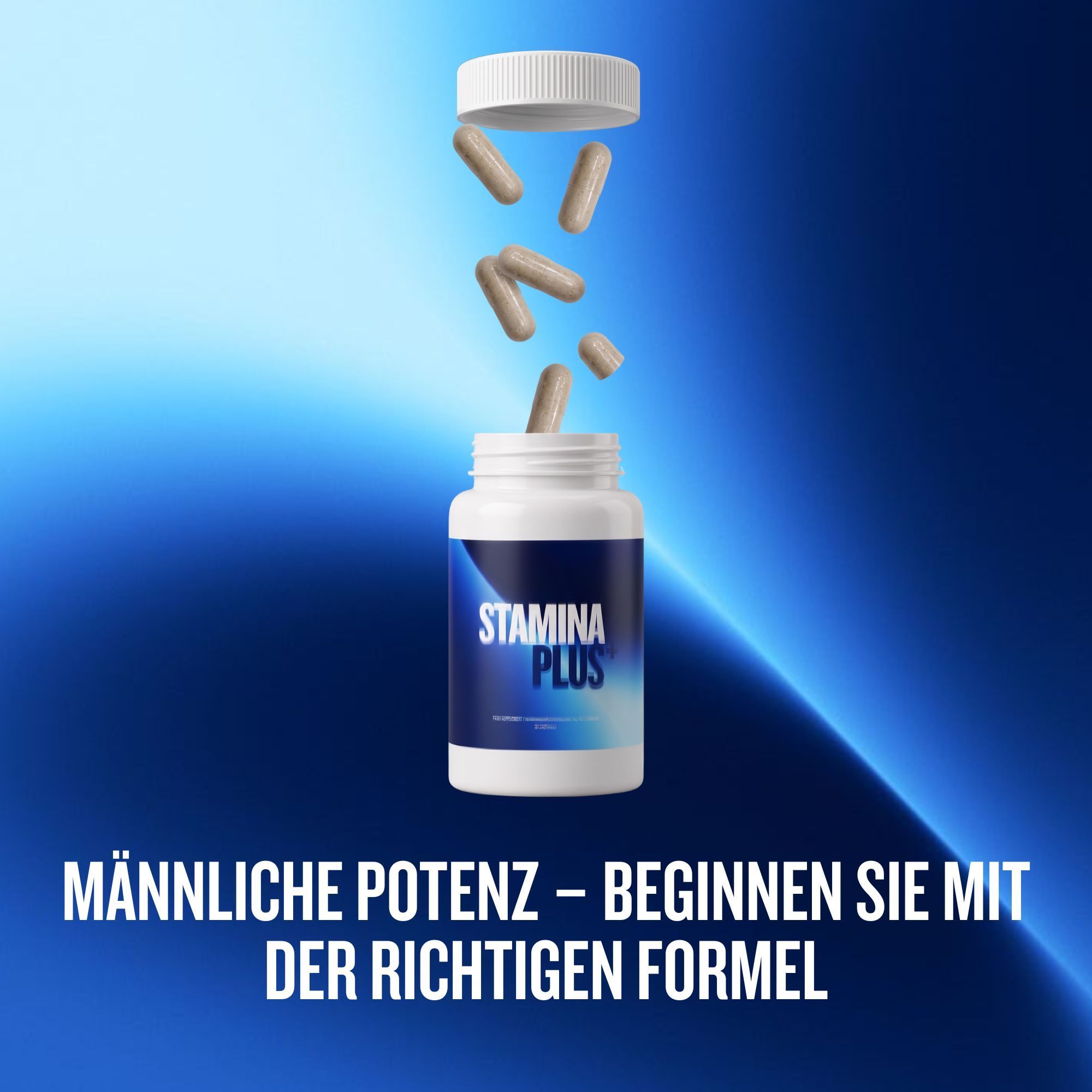 Weiße Flasche mit blauem Etikett. STAMINAplus. Kapseln fallen aus der Flasche. Text: Männliche Potenz - beginnen Sie mit der richtigen Formel.