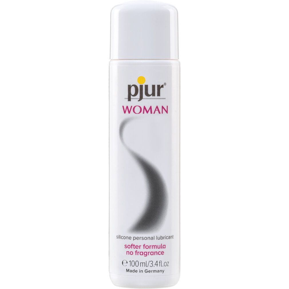 Weiße Flasche mit „pjur WOMAN“. Silikon-Gleitmittel, softer formula, ohne Duft. 100 ml/3.4 fl.oz.