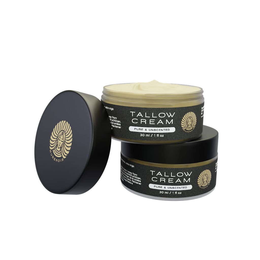 3 Tiegel Tallow Creme. Schwarz mit goldfarbenem Deckel. 30 ml. Text: Pure & Unscented. AURENDIS Logo.