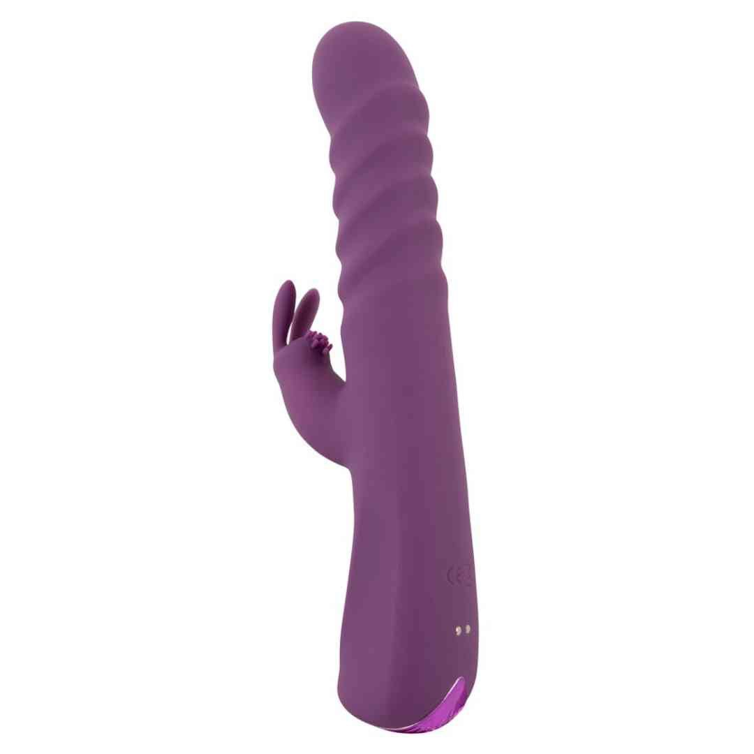 Lila Stoßvibrator mit geriffelter Oberfläche und Hasenohren-Aufsatz. Mit Bedienknöpfen und abgerundeter Spitze.