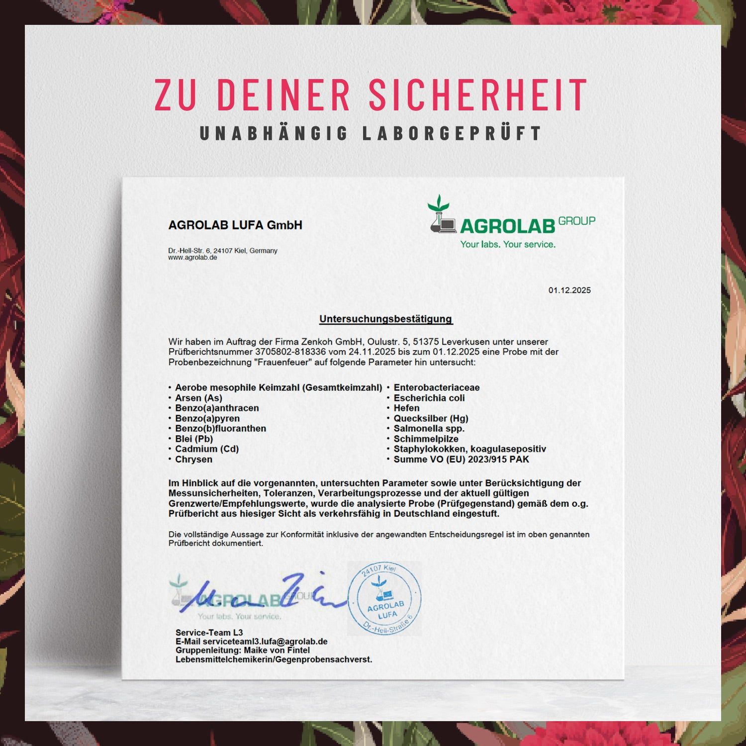 Zertifikat von AGROLAB LUFA GmbH. Unabhängig laborgeprüft. Untersuchungsergebnis für "Frauenfeuer".