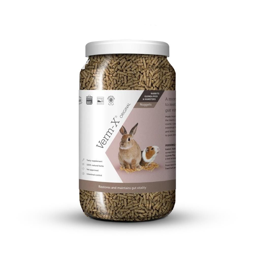 Glas mit Pellets. Aufschrift: Verm-X Original. Für Kaninchen, Meerschweinchen und Hamster. Enthält Kräuter. Siegel.