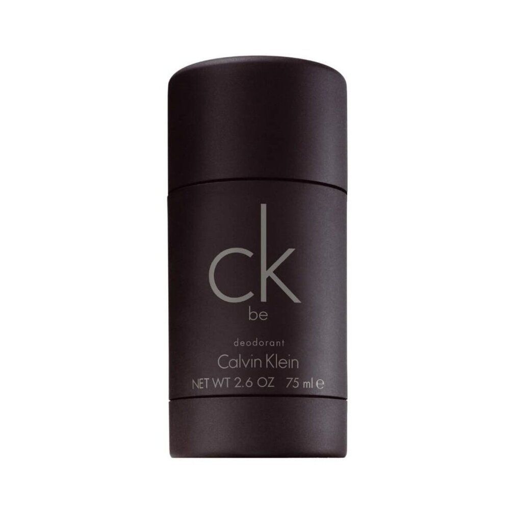 Schwarzer Deostick mit Deckel. Aufschrift: ck be deodorant Calvin Klein. Nettogewicht 2,6 OZ. 75 ml.