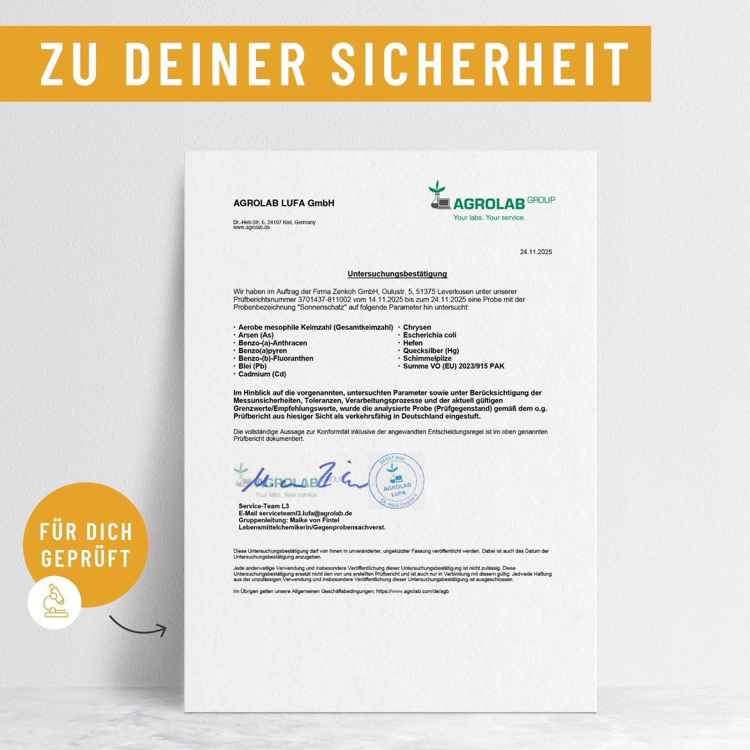 Zertifikat von Agrolab LUFA GmbH. Text: Untersuchungsergebnis. Unterschrift. Logo. Text: Für Dich geprüft.