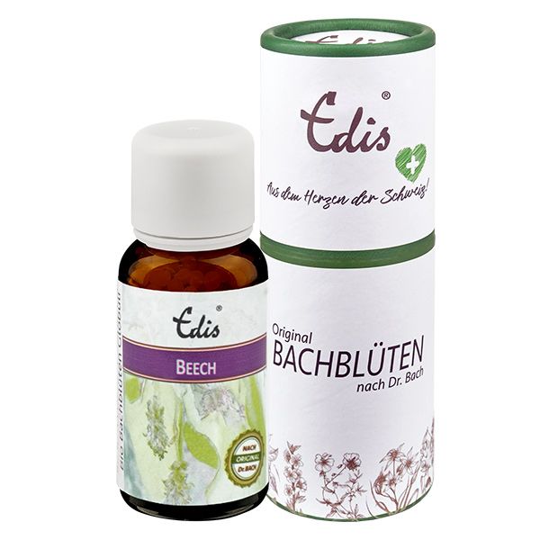 Braune Glasflasche mit weißem Deckel und zylindrischer Verpackung. Aufschrift: Edis, Beech, Bachblüten. Siegel: Nach Original Dr. Bach.