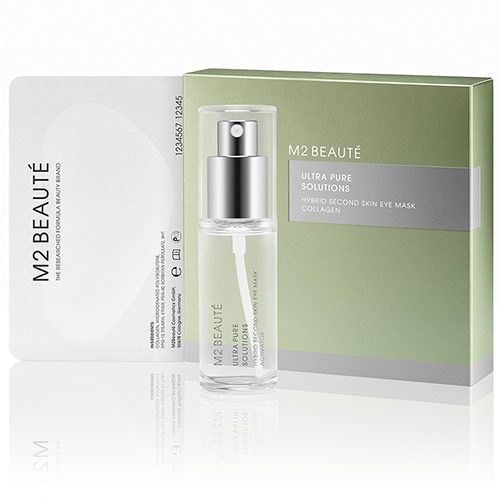 Produktverpackung mit Sprühflasche und Augenmaske. Aufschrift: M2 Beaute, Ultra Pure Solutions, Hybrid Second Skin Eye Mask Collagen.