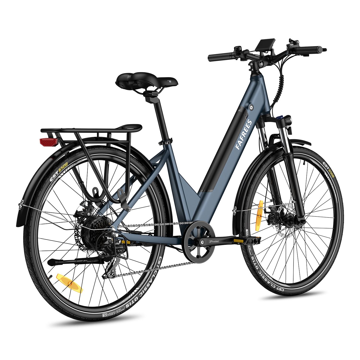 Blaues E-Bike mit Gepäckträger. Marke FAFREES. Schwarze Reifen und Schutzbleche. Gelbe Reflektoren.
