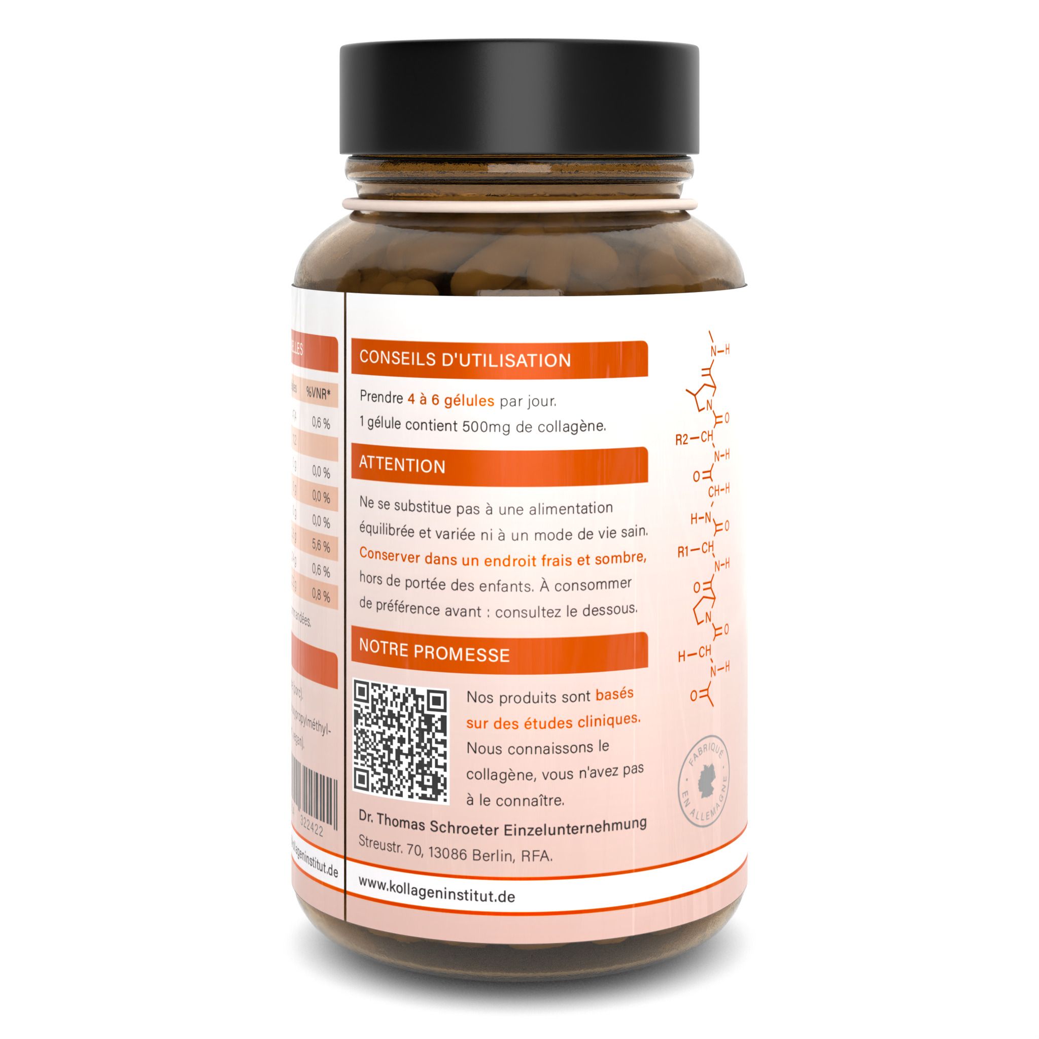 Retro di un flacone di capsule marroni. Contiene informazioni sull'uso, i valori nutrizionali e il produttore.