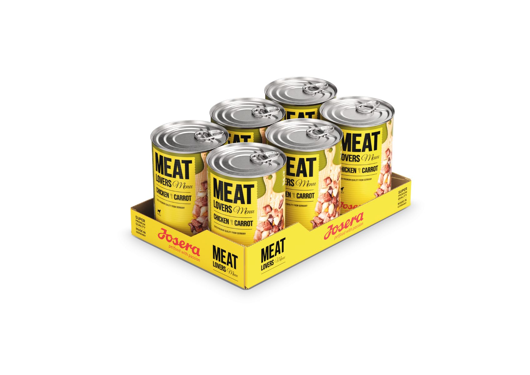 Sechs Dosen JOSERA Meat Lovers Menu Chicken mit Karotte in gelber Verpackung. Aufschrift 'Meat Lovers Menu' und 'Chicken & Carrot'.