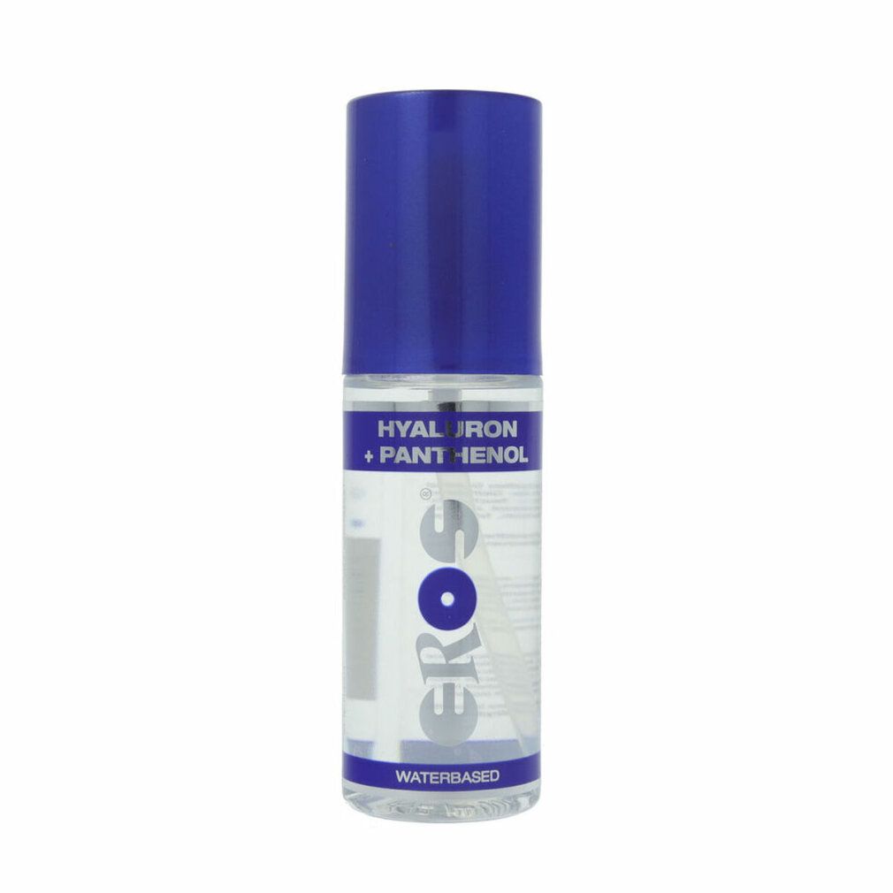 Transparente Flasche mit blauem Deckel. Aufschrift: Hyaluron + Panthenol, Eros, Waterbased.