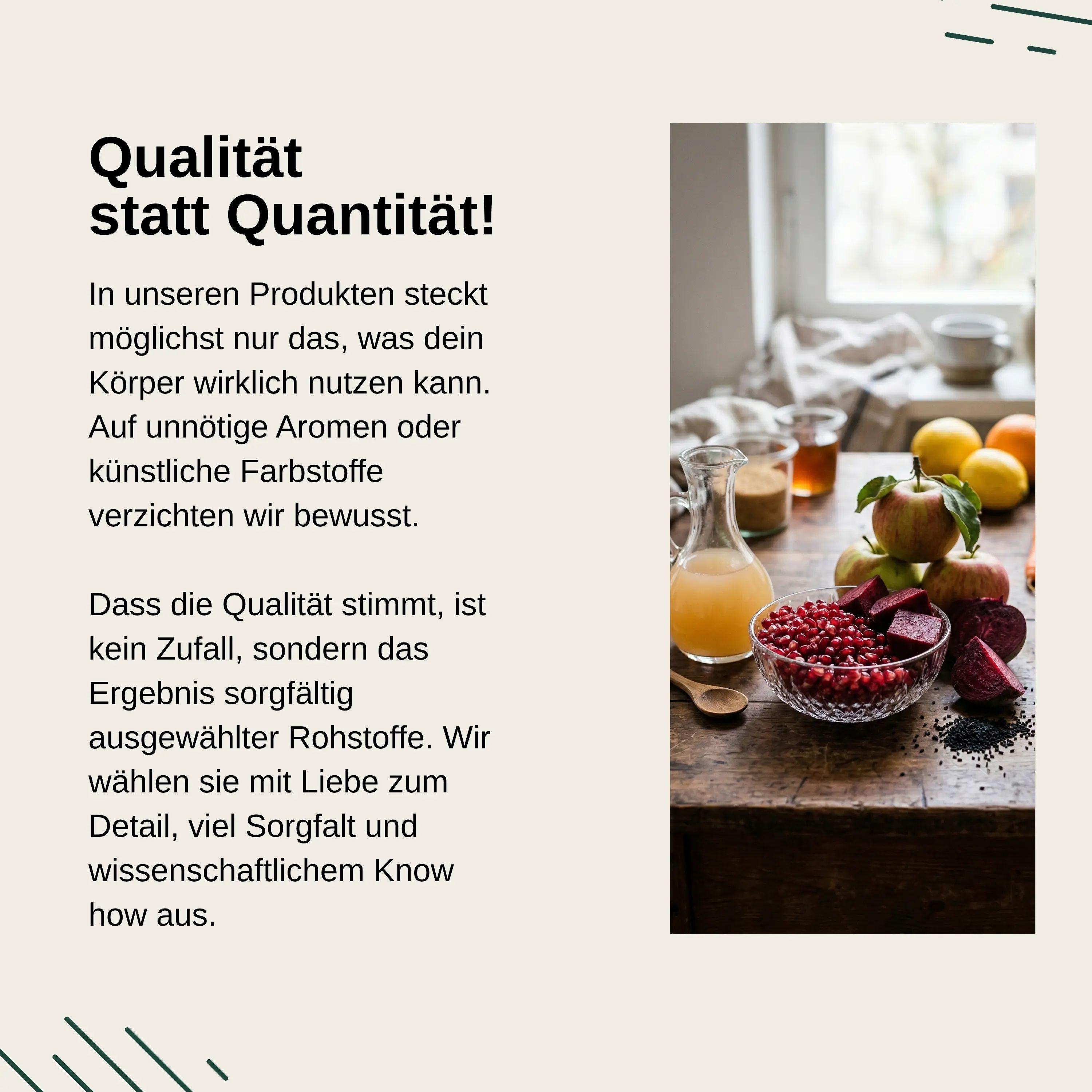 Text über Produktqualität und ausgewählte Rohstoffe, daneben eine Schale mit Früchten und Granatapfelkernen.