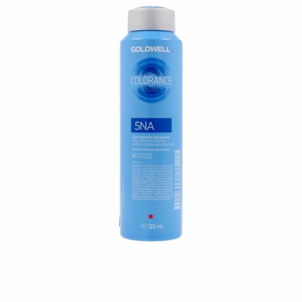 Hellblaue Flasche mit weißem Deckel. Aufschrift GOLDWELL, COLORANCE, 5NA. Produktinformationen und rotes Logo.