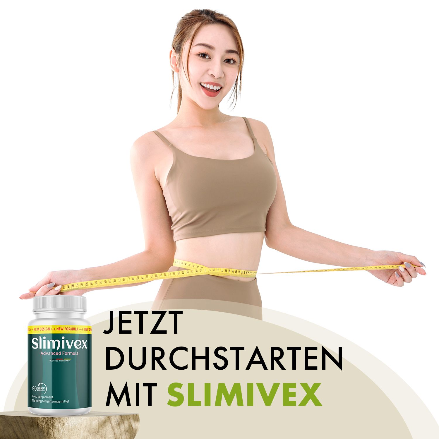 Frau mit Maßband, Slimivex Flasche. Text: "Jetzt durchstarten mit Slimivex".