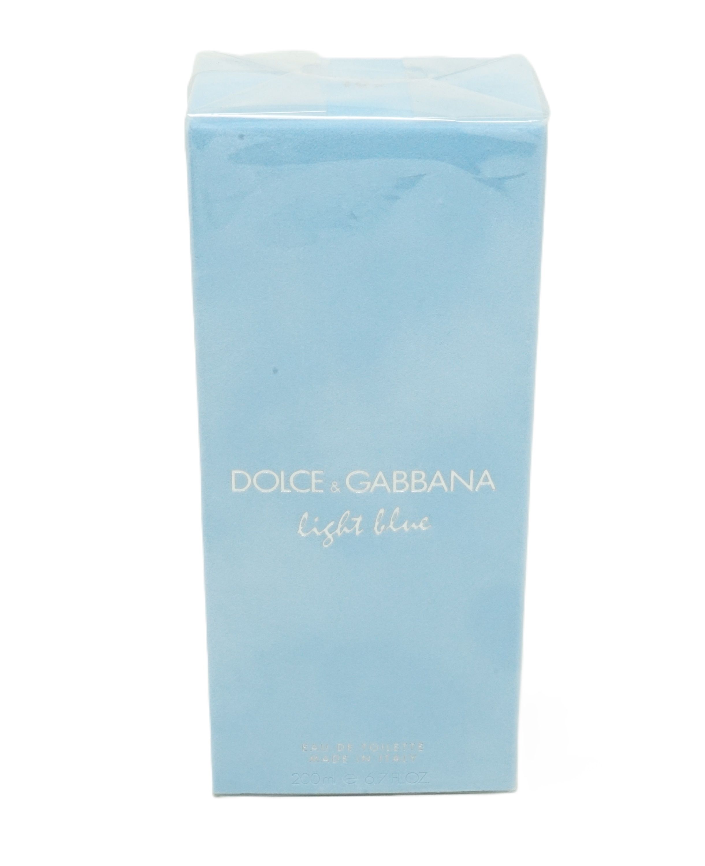 Hellblaue Verpackung. "Dolce & Gabbana light blue" Schriftzug. Rechteckige Form.