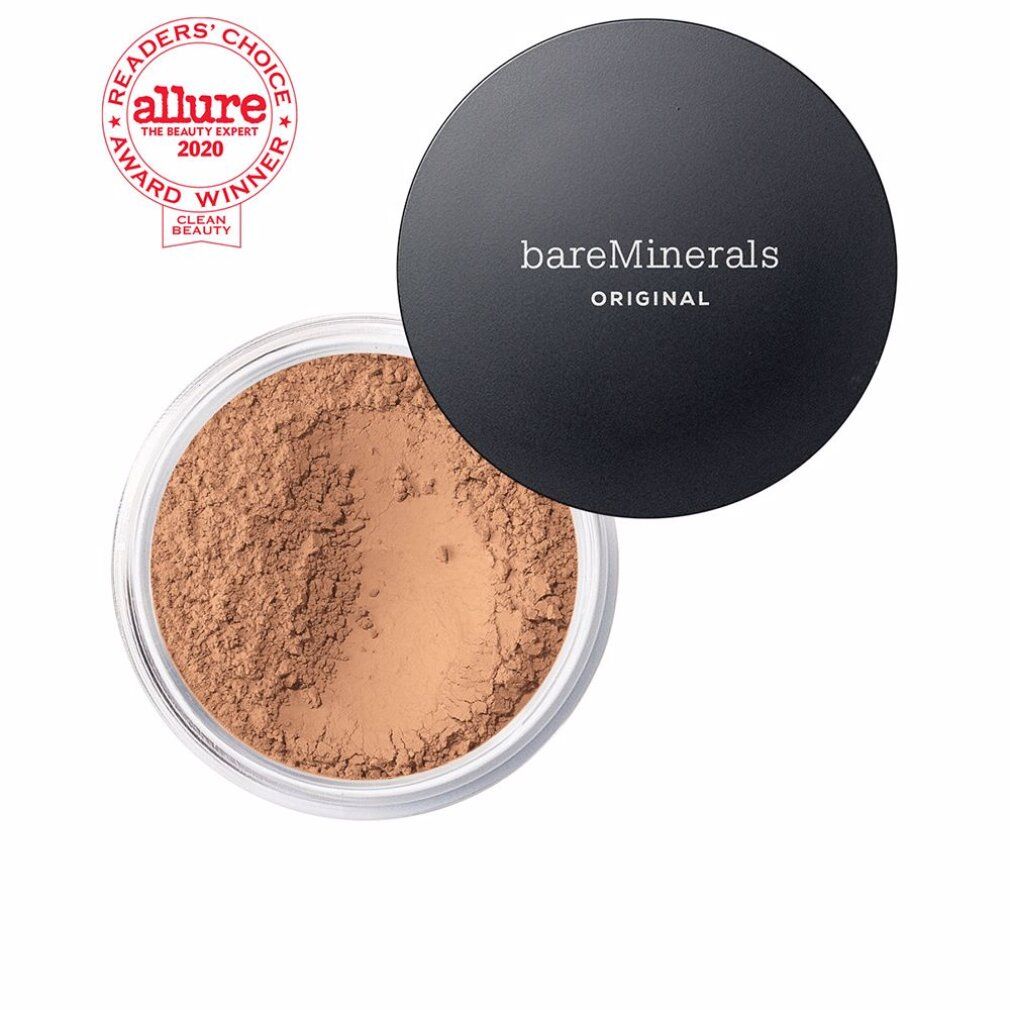 Offene Dose mit braunem Puder. Schwarzer Deckel mit "bareMinerals ORIGINAL" Schriftzug. Glasbehälter. Auszeichnung "Allure".