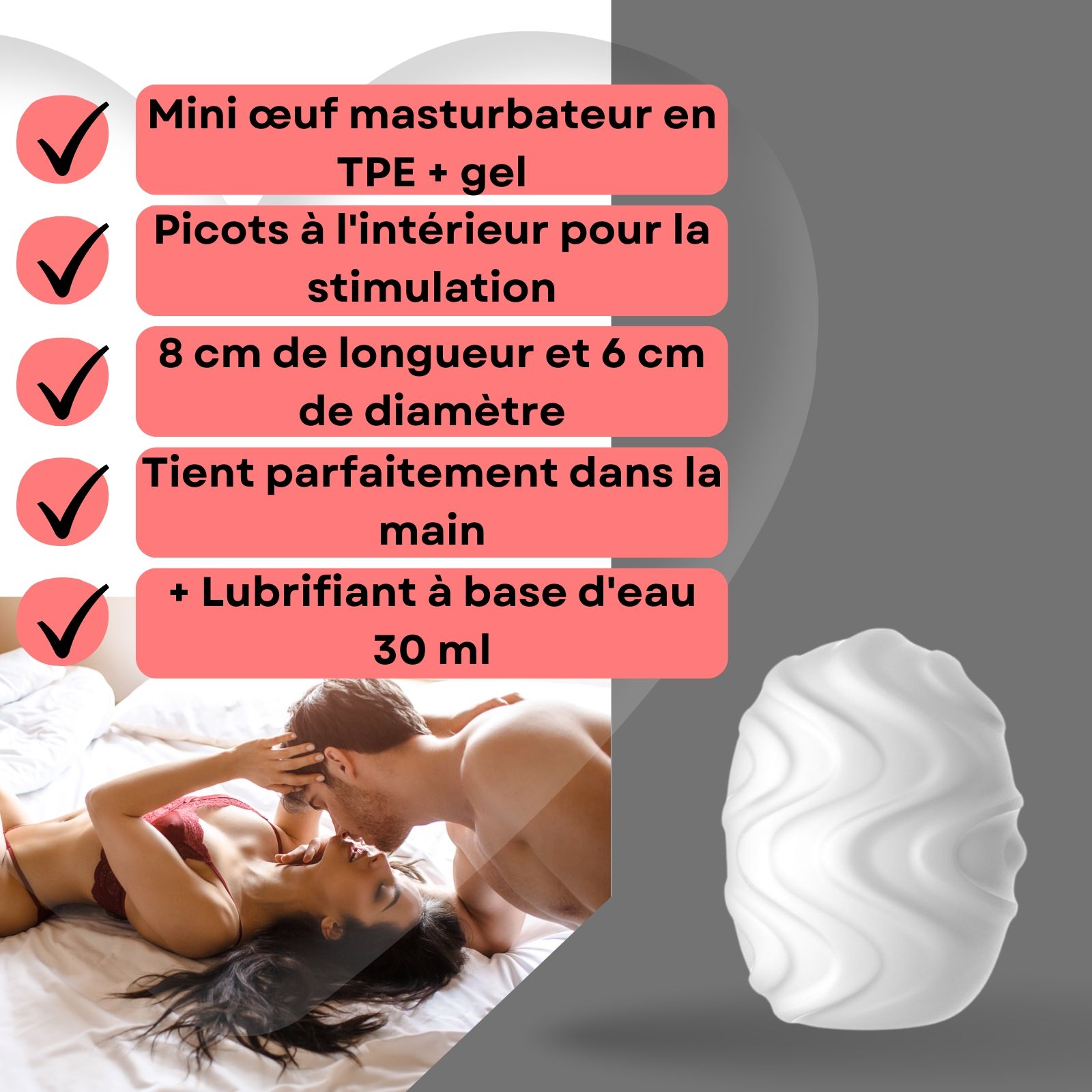 Mini œuf masturbateur blanc, avec texte. Un couple au lit et l'œuf sont représentés. Texte: 8cm de long et 6cm de diamètre.