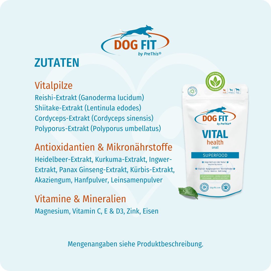 Verpackung DOG FIT VITAL health SUPERFOOD. Zutatenliste: Vitalpilze, Antioxidantien & Mikronährstoffe, Vitamine & Mineralien. Text.
