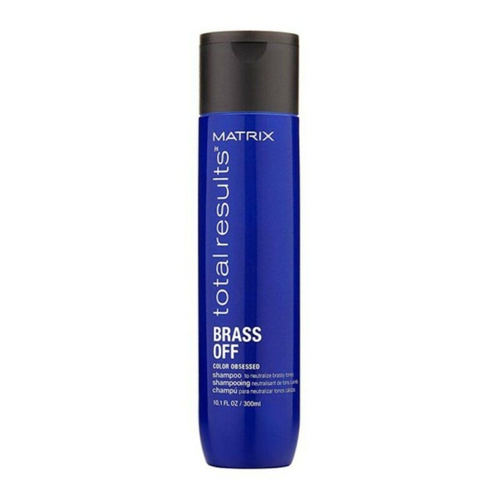 Blaue Shampoo-Flasche mit schwarzem Deckel. Aufschrift: Matrix Total Results Brass Off. 300ml.