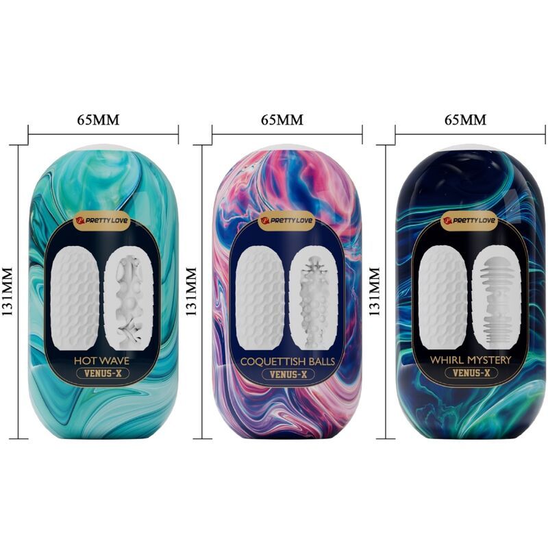 Drei Produkte mit unterschiedlichen Designs. Auf jedem steht "Pretty Love" und "Venus-X". Abmessungen: 131mm x 65mm.