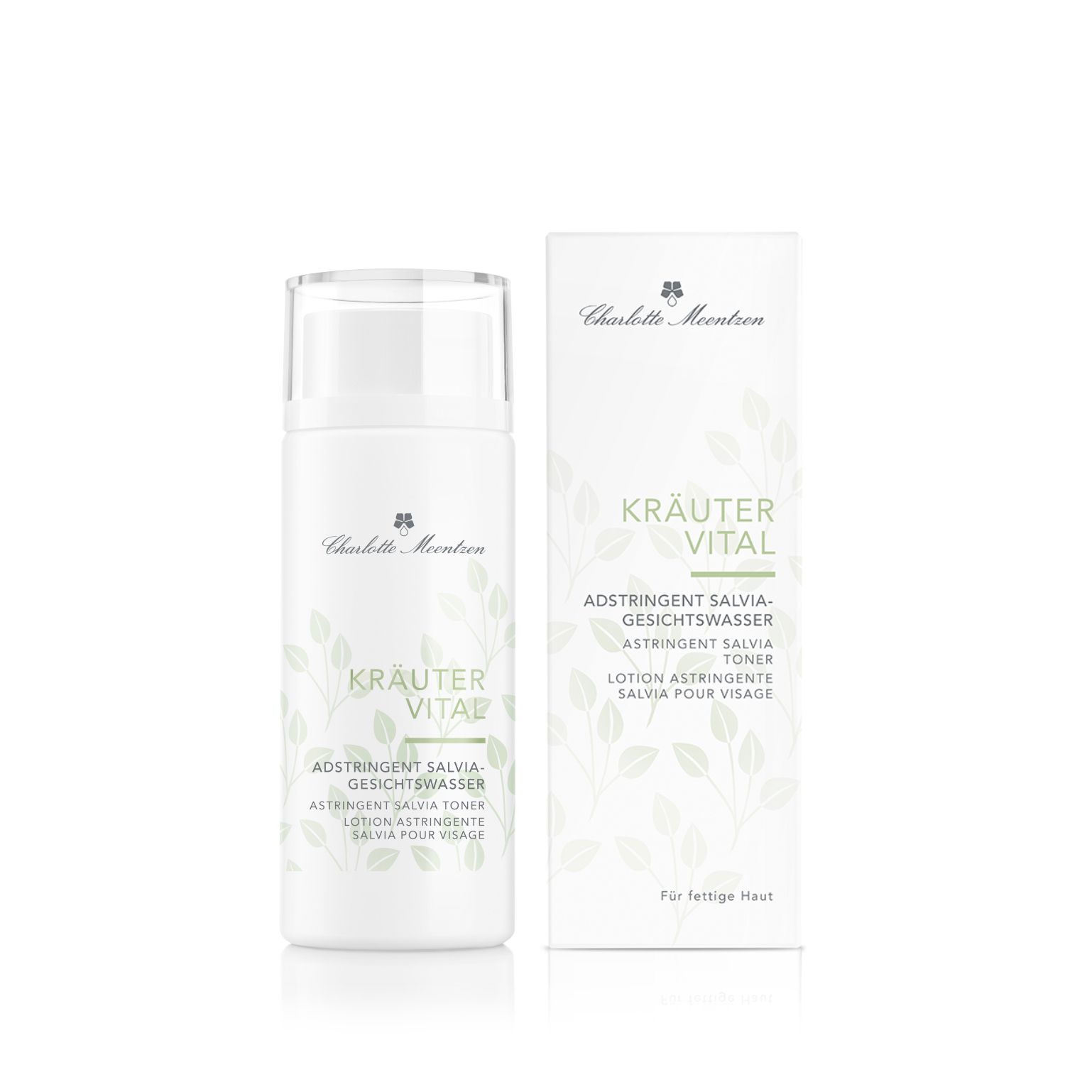 Weiße Flasche und Karton mit Produkttext. Aufschrift: Kräuter Vital, Adstringent Salvia-Gesichtswasser, Charlotte Meentzen.
