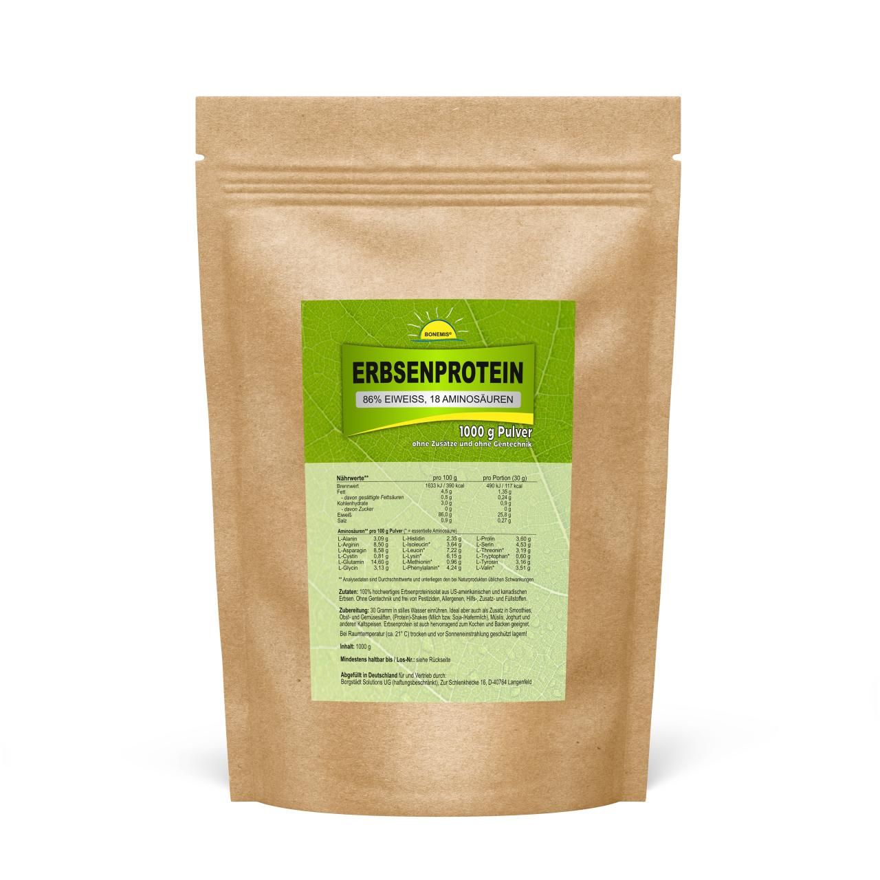 Bonemis® Erbsenprotein (86% Eiweiß, 18 Aminosäuren, von Natur aus vegan) 1 kg Pulver