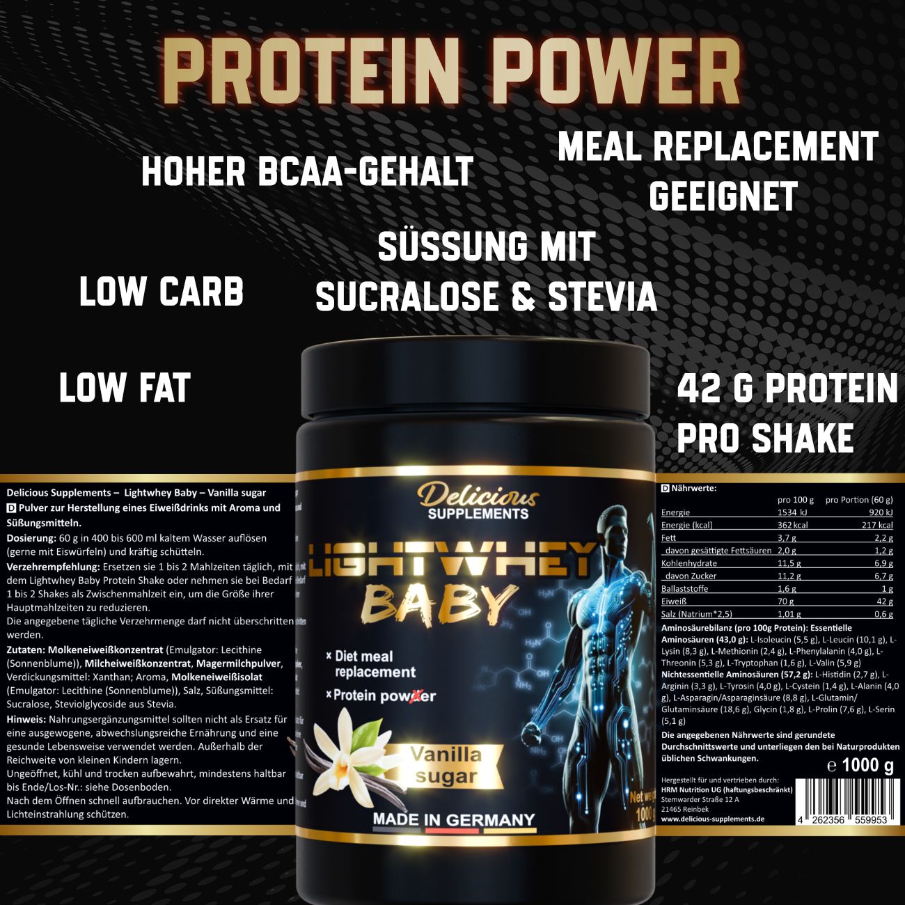 Schwarze Dose mit goldfarbenem Deckel. Aufschrift: Lightwhey Baby, Vanilla Sugar. Text: Hoher BCAA-Gehalt, 42g Protein pro Shake.