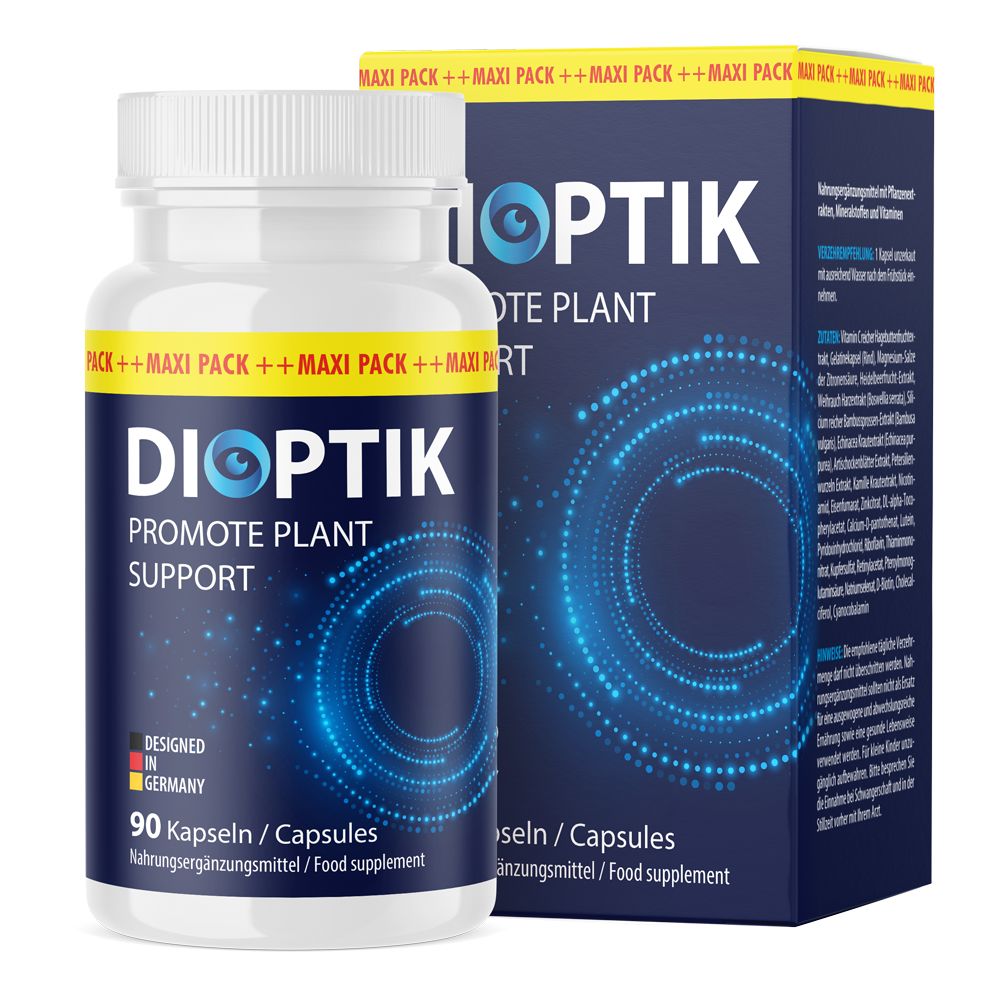 Dioptik Kapseln-Dose und -Verpackung. Blaue und weiße Etiketten. Schriftzug: Dioptik, Promote Plant Support. 90 Kapseln. Hergestellt in Deutschland.