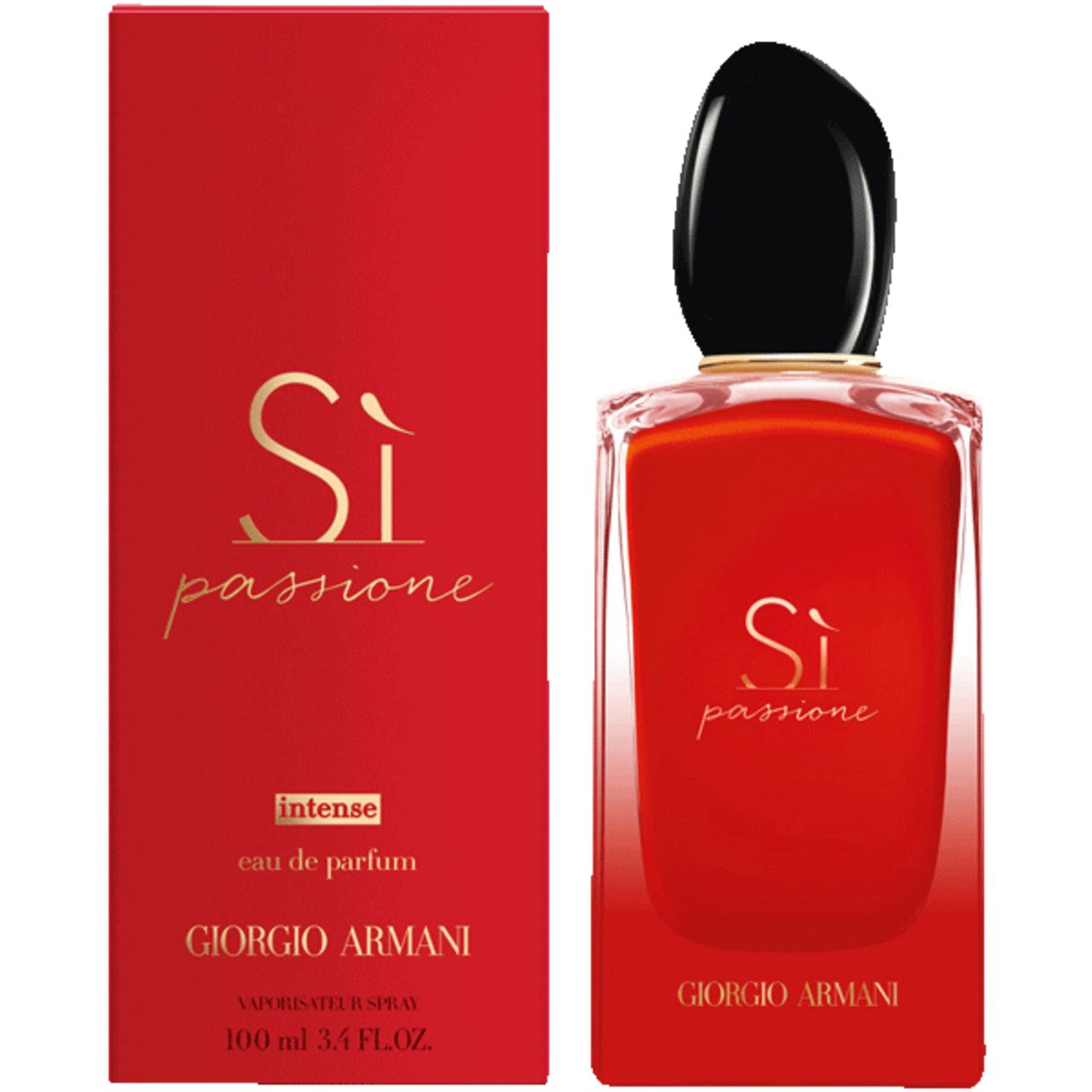 Roter Flakon und Schachtel. Aufschrift "Sì passione intense" und "Giorgio Armani".