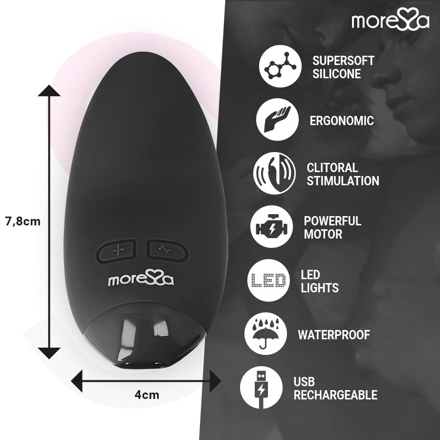 Schwarzer, ovaler Vibrator mit Maßen 7,8 x 4 cm. Merkmale: Silikon, ergonomisch, clitorale Stimulation, LED-Lichter, wasserdicht, USB.