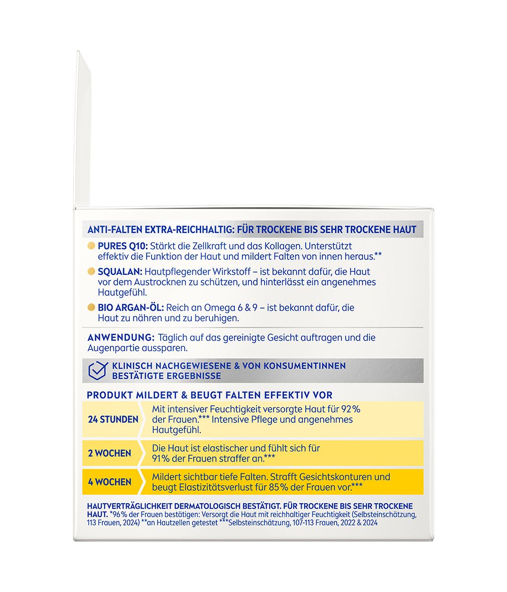 Rückseite der Verpackung NIVEA Q10 Anti-Falten Extra-Reichhaltige Tagespflege LSF 15.
