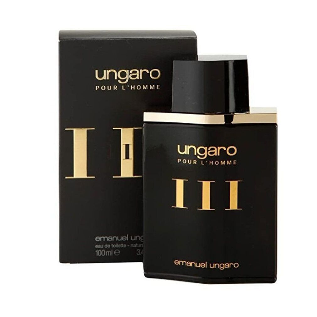 Schwarze Flasche und Karton. Auf der Flasche steht "ungaro POUR L'HOMME III". Auf dem Karton steht "emanuel ungaro eau de toilette".