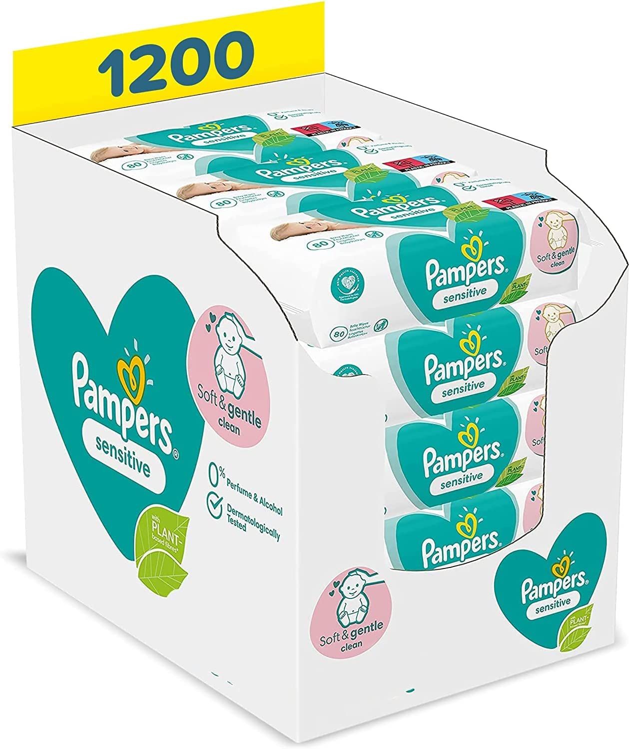Pampers Sensitive Baby Feuchttücher, 1200 Tücher (15 x 80) ohne Duft, für eine sanfte Reinigung
