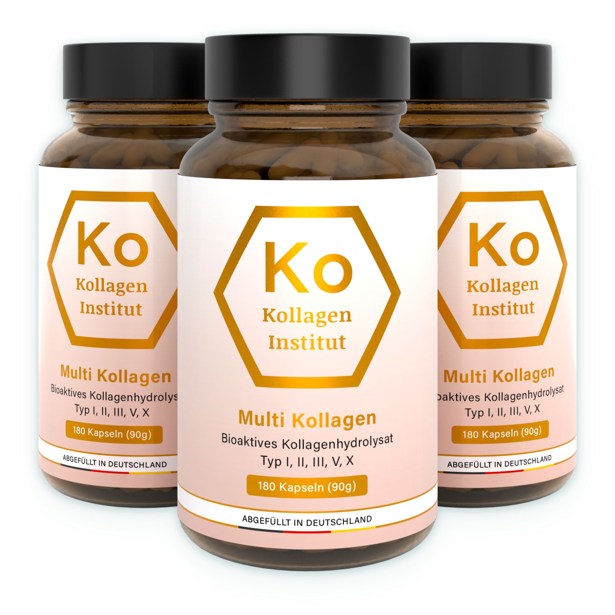 Drei Flaschen Kollagen Kapseln mit Etikett: Kollagen Institut, Multi Kollagen, 180 Kapseln.