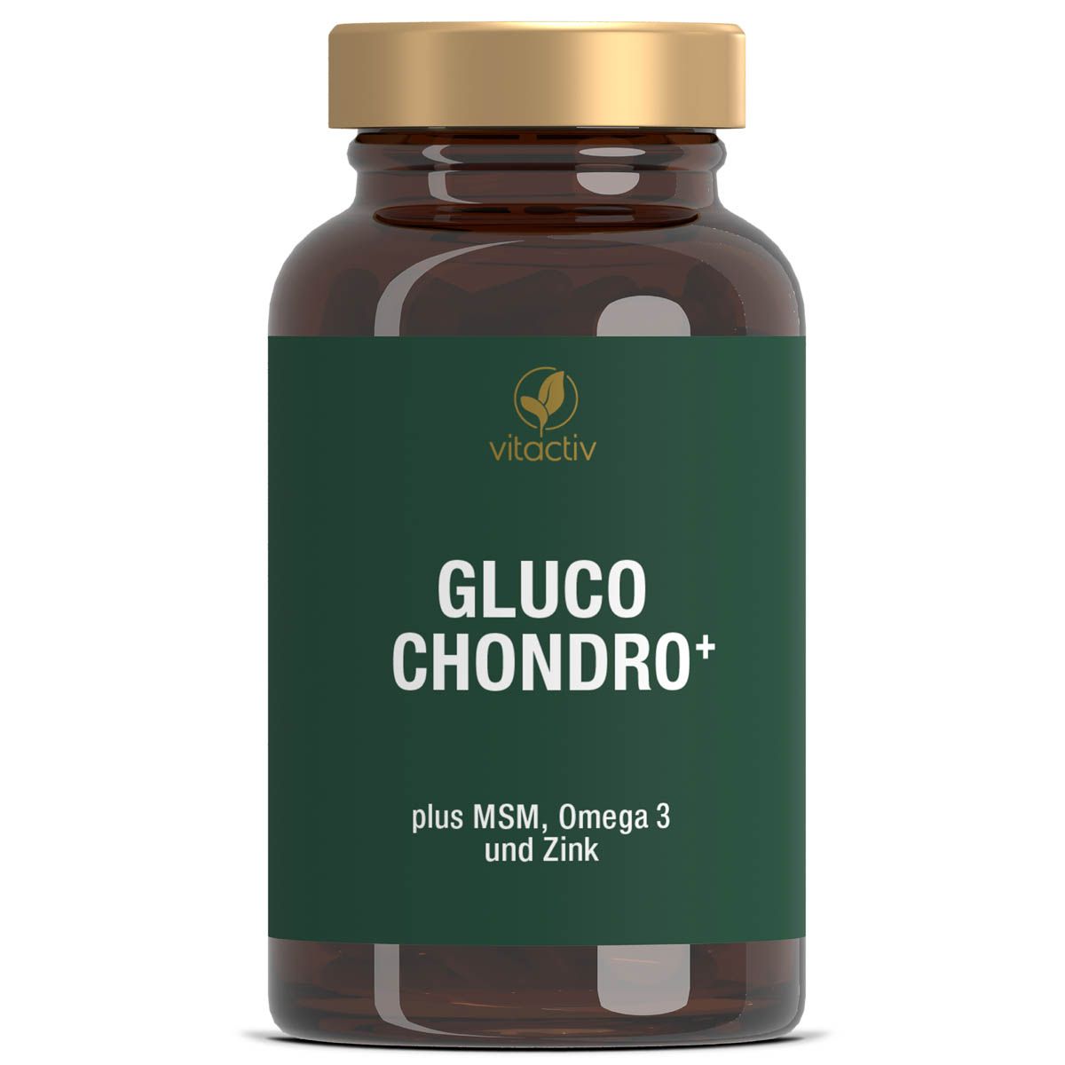 Braune Glasflasche mit grünem Etikett. Aufschrift: GLUCO CHONDRO+ plus MSM, Omega 3 und Zink. Goldfarbener Deckel. Logo: vitactiv.