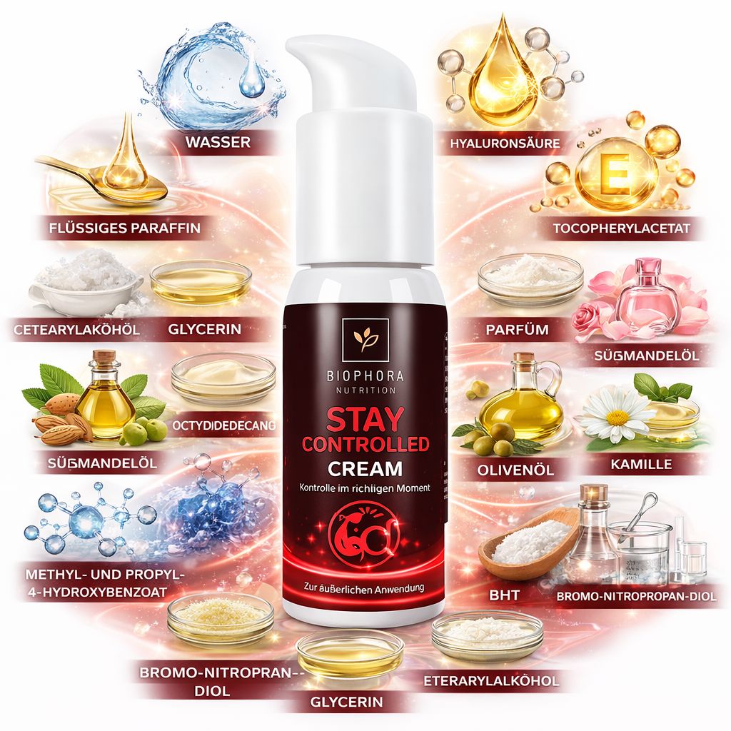 Creme-Flasche mit Pumpe. Inhaltsstoffe umgeben das Produkt. Produktname: Stay Controlled Cream.