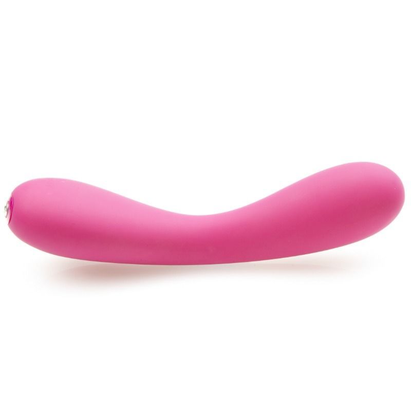 Pinkfarbener Vibrator mit geschwungener Form. Glatte Oberfläche.