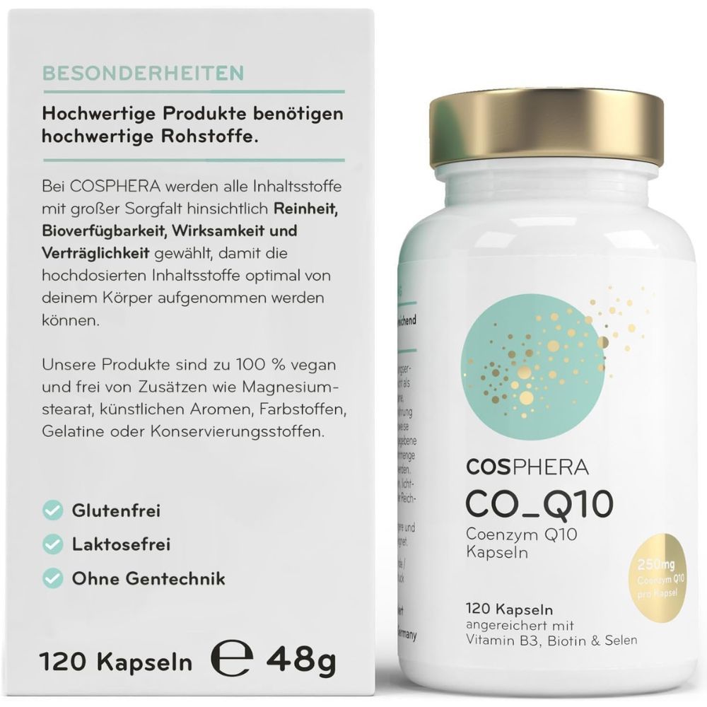 Weiße Flasche und Schachtel mit Cosphera Coenzym Q10 Kapseln. Aufschrift: CO_Q10, 120 Kapseln, angereichert mit Vitamin B3, Biotin & Selen. Auf der Schachtel: Glutenfrei, Laktosefrei, Ohne Gentechnik.