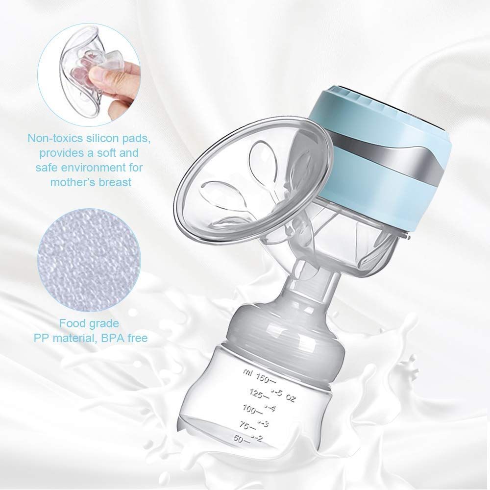 Elektrische Milchpumpe mit Flasche. Silikonpads, BPA-freies PP-Material. Hellblau-weißes Design.