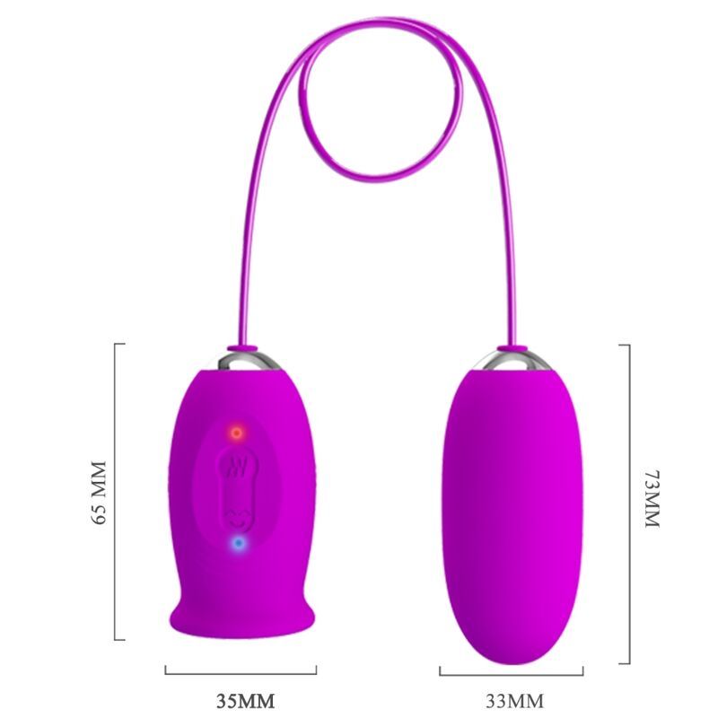 Zwei ovale, magenta-farbene Vibratoren, verbunden durch ein lila Kabel. Abmessungen: 65mm x 35mm und 73mm x 33mm.