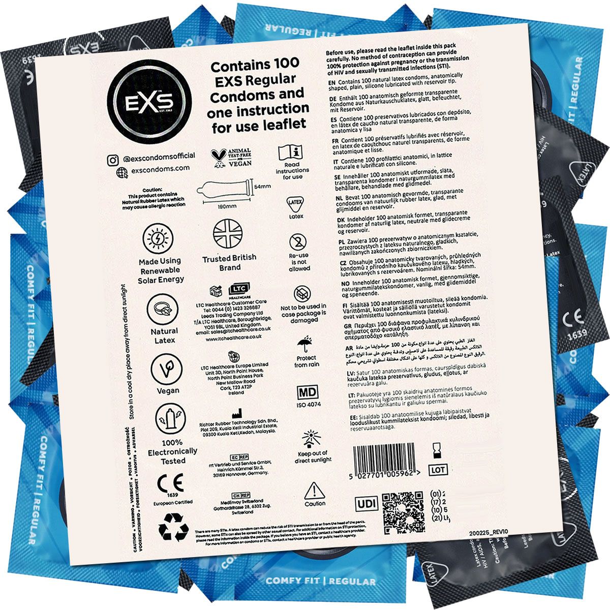 Verpackung mit 100 EXS Regular Kondomen und Beipackzettel. Enthält Informationen zu Inhaltsstoffen, Zertifizierungen und Gebrauchsanweisung.