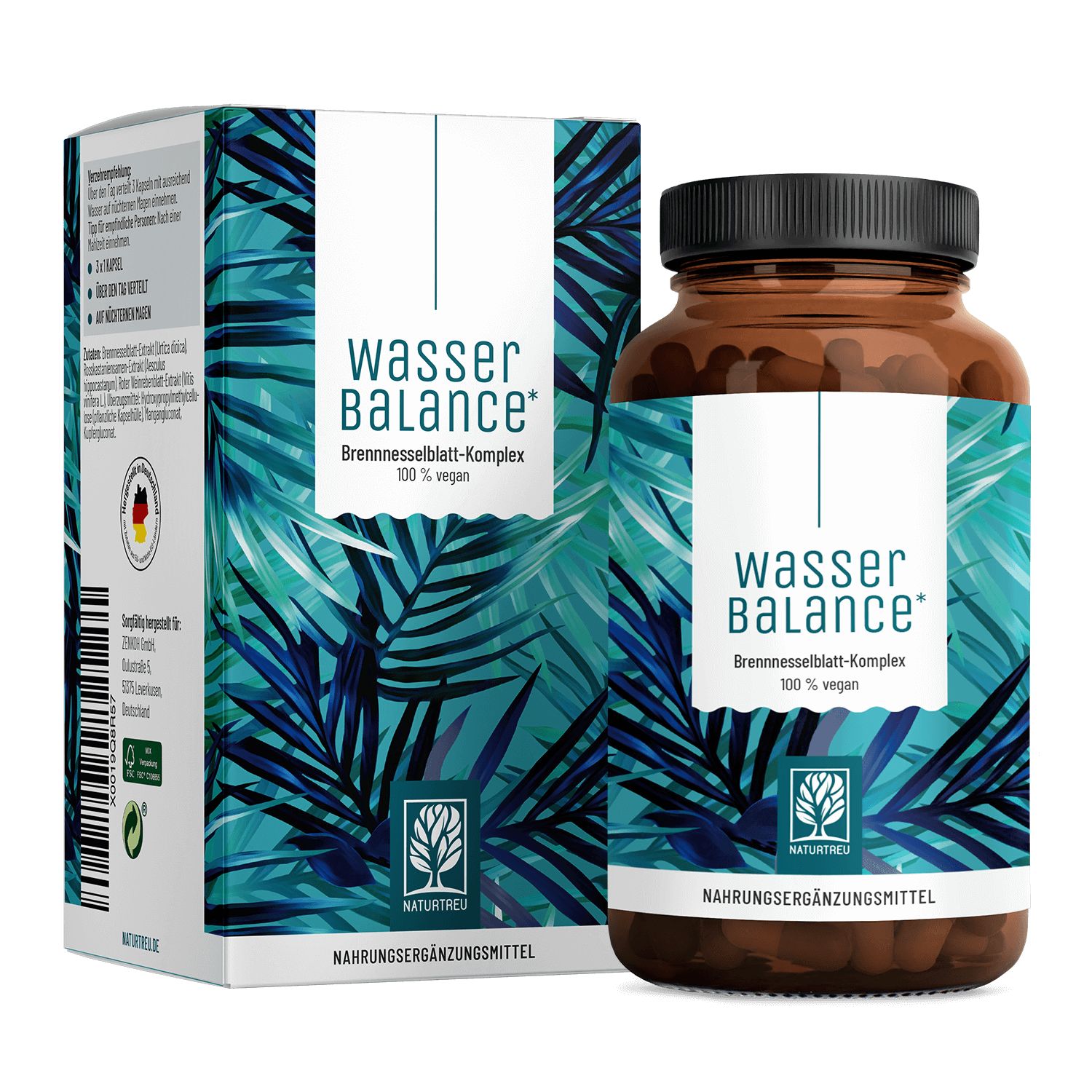 Braune Glasflasche und Schachtel mit weißem Etikett. Aufschrift: Wasser Balance, Brennnesselblatt-Komplex, 100% vegan. Grün-blaues Muster.