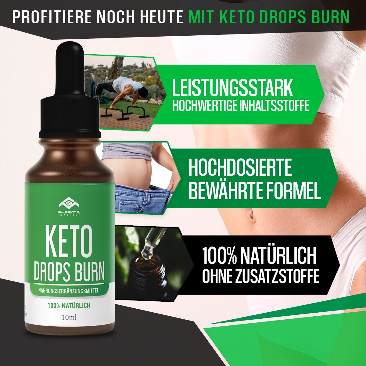 Flasche "Keto Drops Burn" mit Grafiken. Text: "Leistungsstark", "Hochdosierte bewährte Formel", "100% natürlich".
