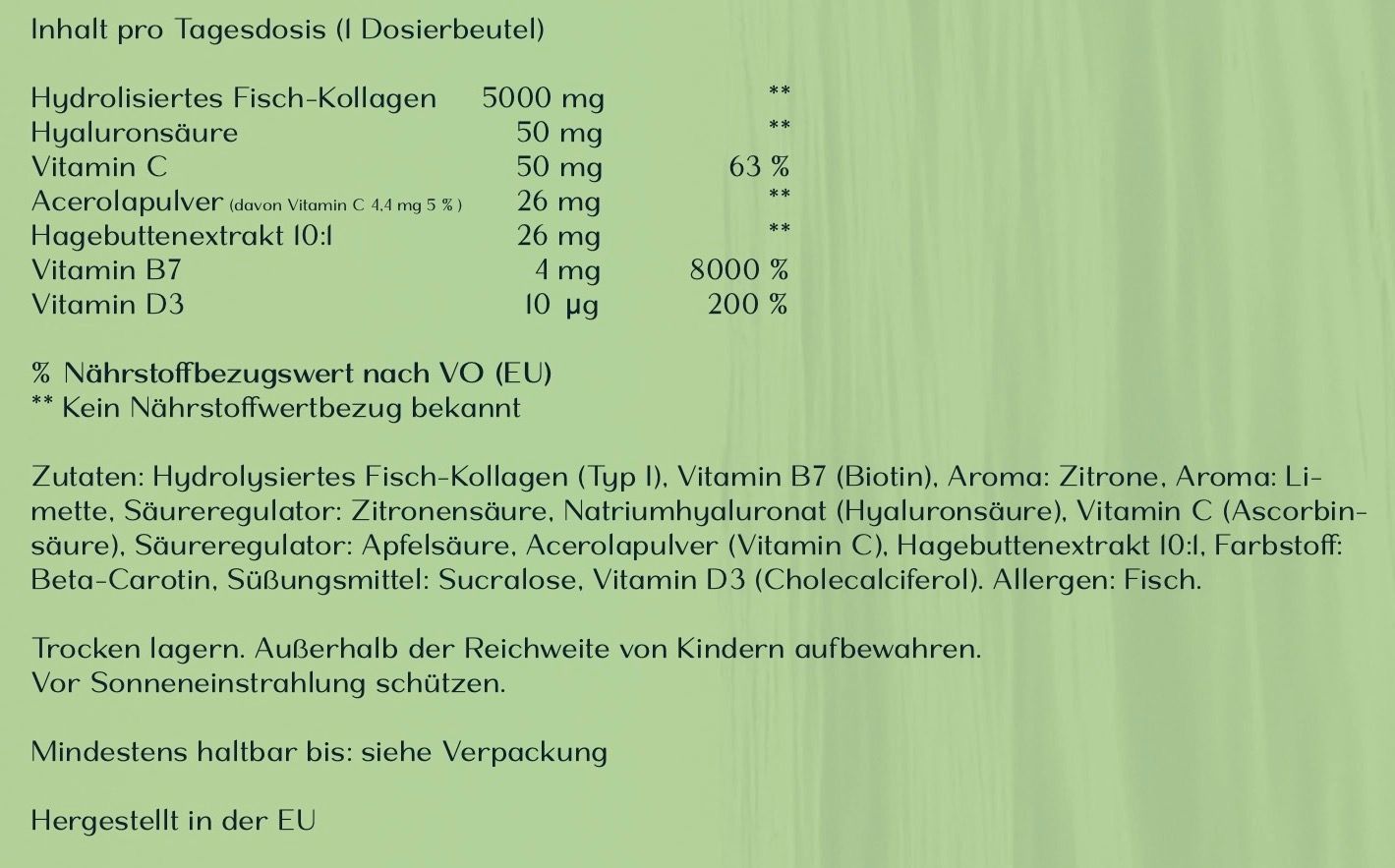 Text auf grünem Hintergrund. Nährwertangaben und Zutatenliste für HAV Collagen Citrus Glow.