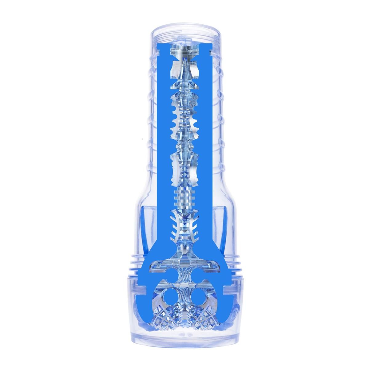 Transparentes, blaues Wellness-Produkt. Längsschnittansicht mit sichtbaren, strukturierten Innenstrukturen.